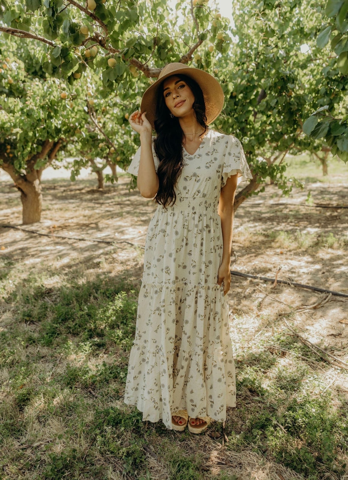 Cream Floral Print Tiered Maxi Dress with Straw Hat — Trendy Church Outfits
