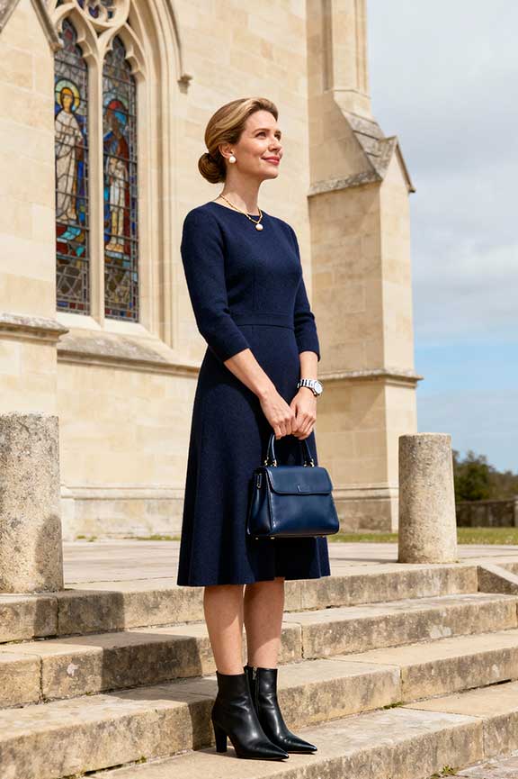 Deep Navy A-Line Midi Dress with Ankle Boots — Trendy Church Outfits