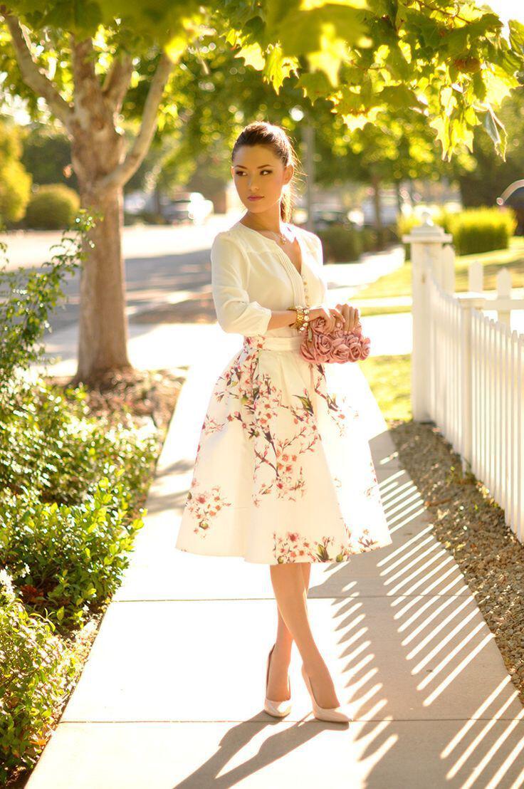 White Long Sleeve Top with Floral Midi Skirt — Trendy Church Outfits
