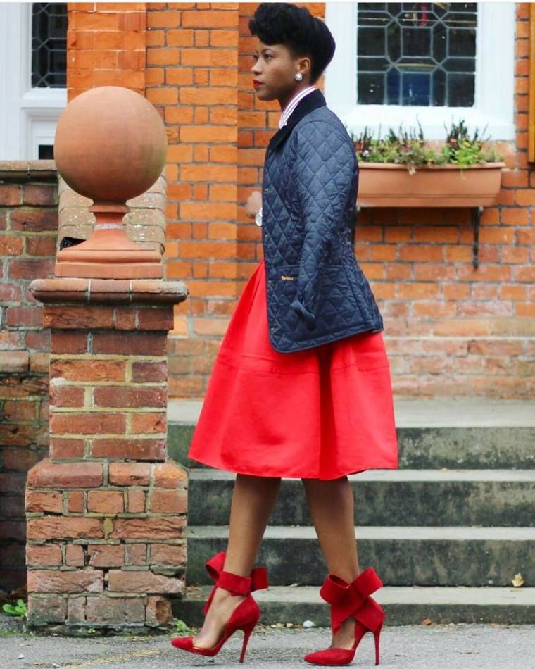 Navy Quilted Jacket with Red A-Line Skirt — Trendy Church Outfits