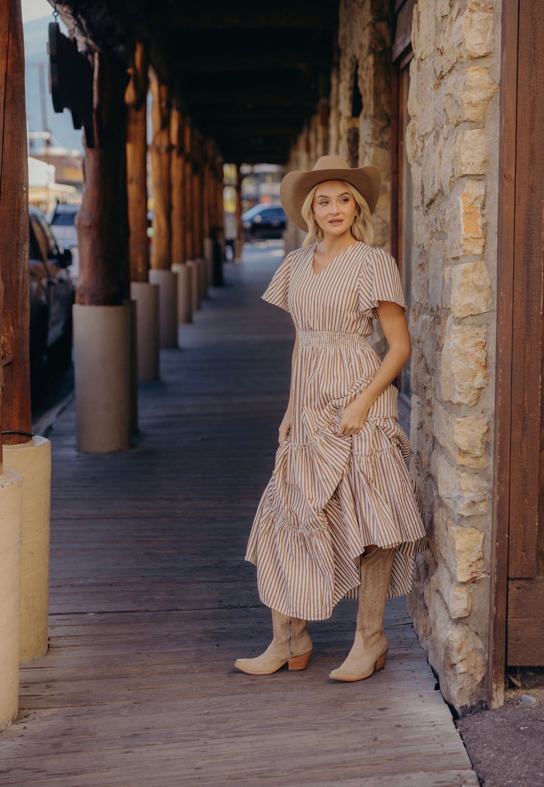 Beige and White Striped Tiered Midi Dress — Trendy Church Outfits