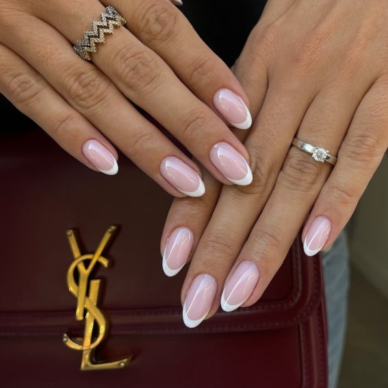 Glossy French Tips Medium Almond Glossy French Tips Medium Almond — Trendy Clean Girl Nails