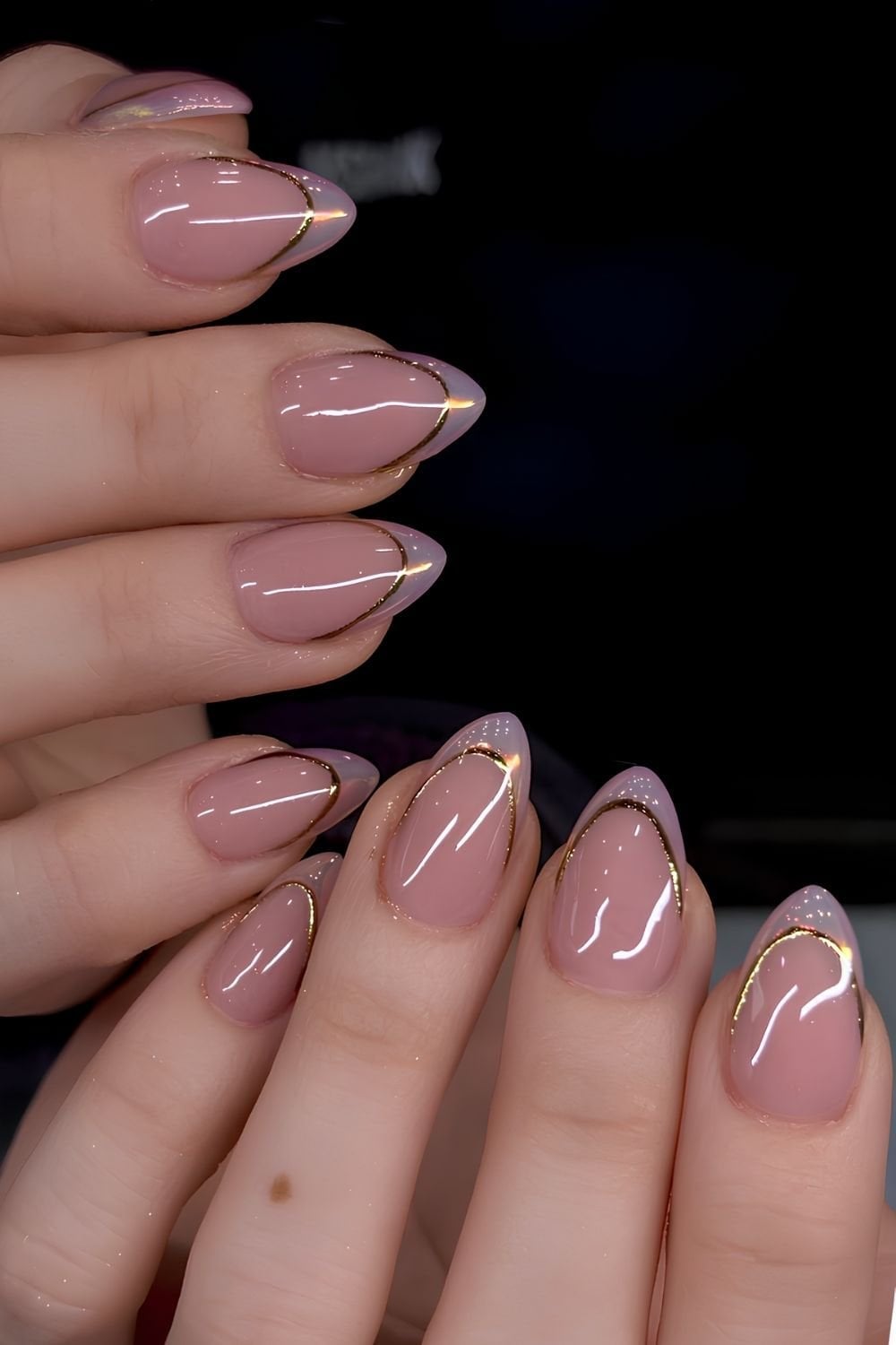 Gold Edge Sheer Pink Nude Almond Gold Edge Sheer Pink Nude Almond — Trendy Clean Girl Nails
