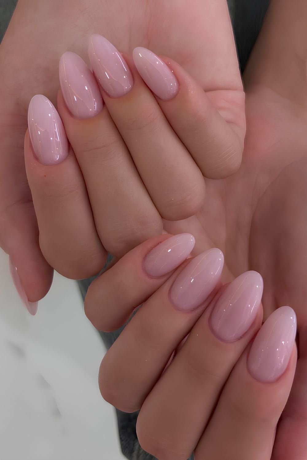 High-Gloss Sheer Pale Pink Short Almond, Close-Up Take High-Gloss Sheer Pale Pink Short Almond, Close-Up Take — Trendy Clean Girl Nails