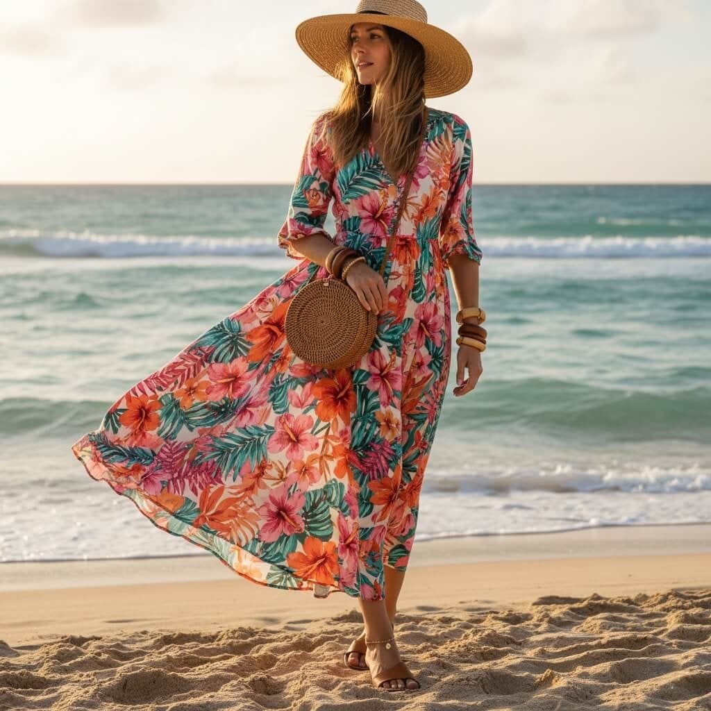 Tropical Floral Maxi Dress with Straw Accessories for Beach Vacation Tropical Floral Maxi Dress with Straw Accessories for Beach Vacation — Trendy Coastal Outfits