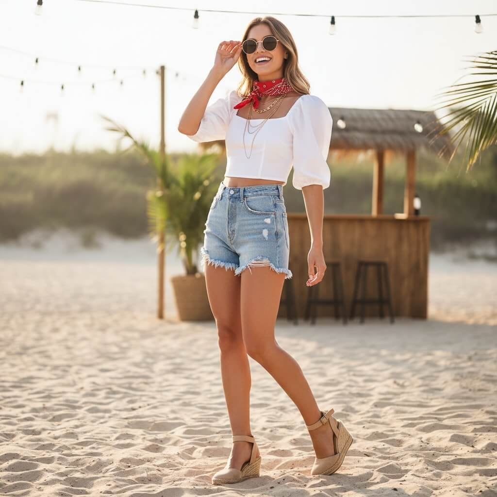 Puff-Sleeve Crop Top with Distressed Denim Shorts for Beach Casual Puff-Sleeve Crop Top with Distressed Denim Shorts for Beach Casual — Trendy Coastal Outfits