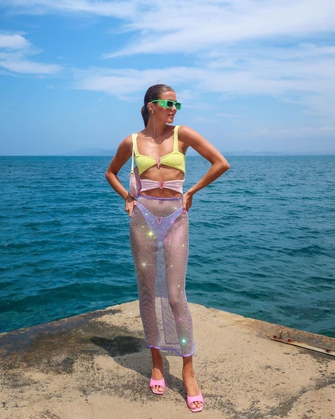 Sparkly Sheer Maxi Skirt with Bikini Top for Beach Vacation Sparkly Sheer Maxi Skirt with Bikini Top for Beach Vacation — Trendy Coastal Outfits