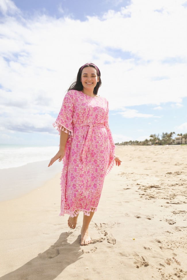 Pink Floral Kaftan Dress with Tassels for Beach Resort Pink Floral Kaftan Dress with Tassels for Beach Resort — Trendy Coastal Outfits