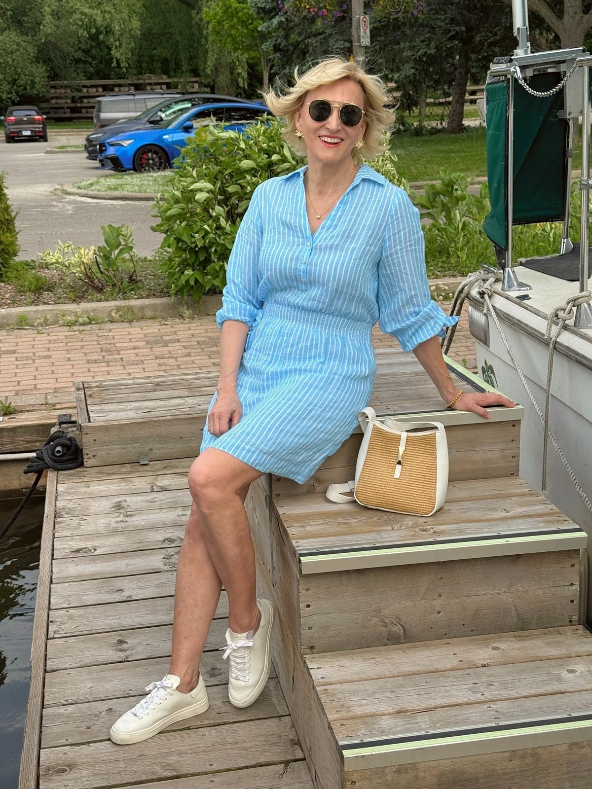 Striped Linen Midi Dress with Sneakers for Casual Day Out Striped Linen Midi Dress with Sneakers for Casual Day Out — Trendy Coastal Outfits