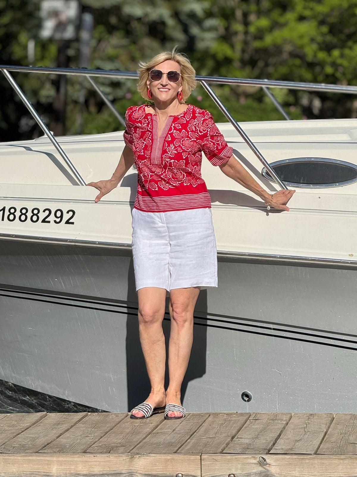 Red Printed Blouse with White Linen Skirt for Vacation Day Out Red Printed Blouse with White Linen Skirt for Vacation Day Out — Trendy Coastal Outfits
