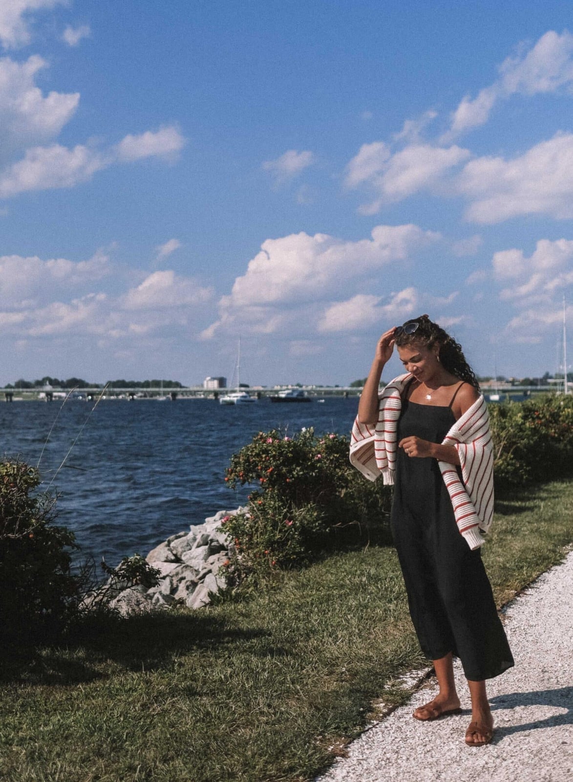Black Jumpsuit with Striped Cardigan for Casual Coastal Vibe Black Jumpsuit with Striped Cardigan for Casual Coastal Vibe — Trendy Coastal Outfits