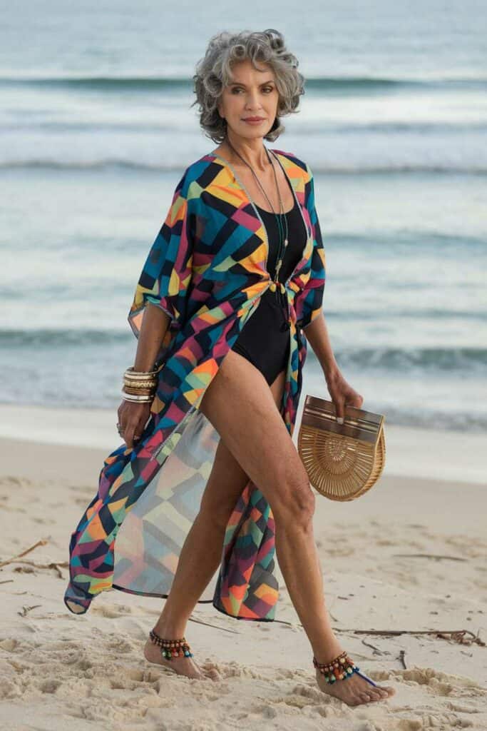 Colourful Kimono Over Black Swimsuit for Beach Resort Glamour Trendy Coastal Outfits