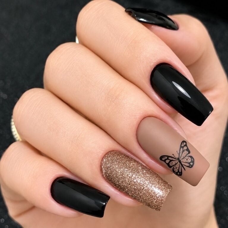 Black Matte Nude Matte Gold Glitter Coffin Nails — Trendy Coffin Nails