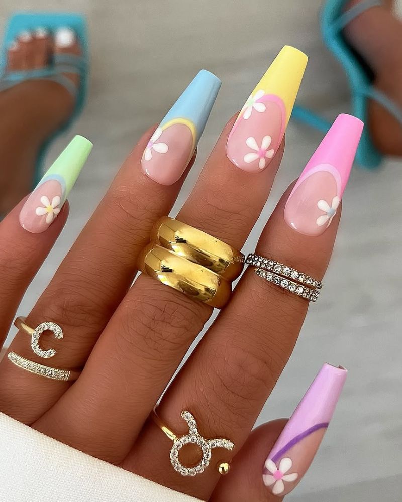 Pastel French Tip Floral Long Coffin Nails — Trendy Coffin Nails