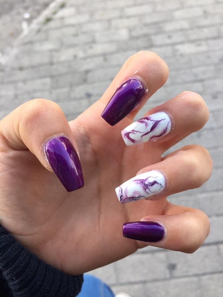 Deep Purple White Marble Long Coffin Nails — Trendy Coffin Nails