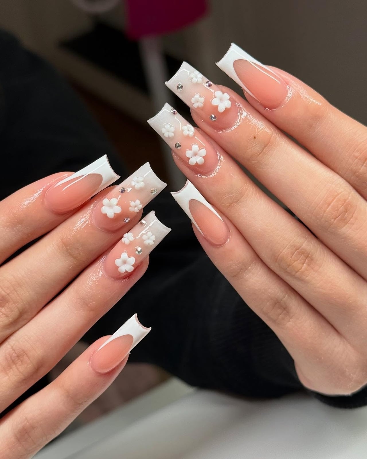 Sheer Pink French 3D Floral Long Coffin Nails — Trendy Coffin Nails