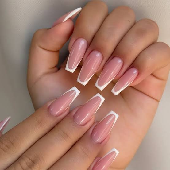 Soft Pink White French Classic Long Coffin Nails — Trendy Coffin Nails