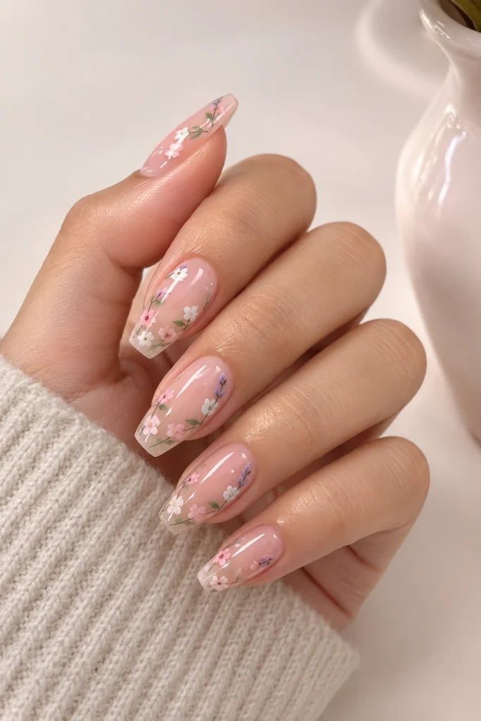 Sheer Pink Floral Glossy Medium Coffin Nails — Trendy Coffin Nails