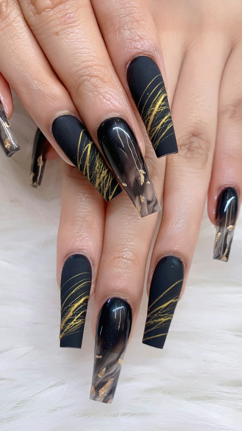 Matte Black Gold Abstract Marble Long Coffin Nails — Trendy Coffin Nails