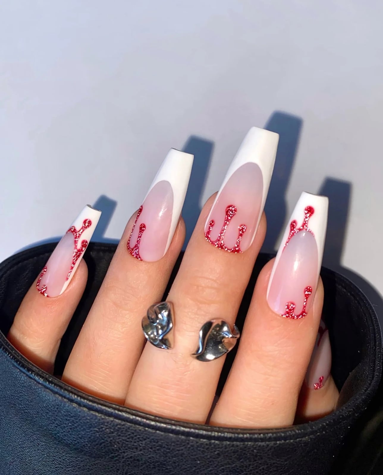 Sheer Pink French Red Glitter Drip Long Coffin Nails — Trendy Coffin Nails