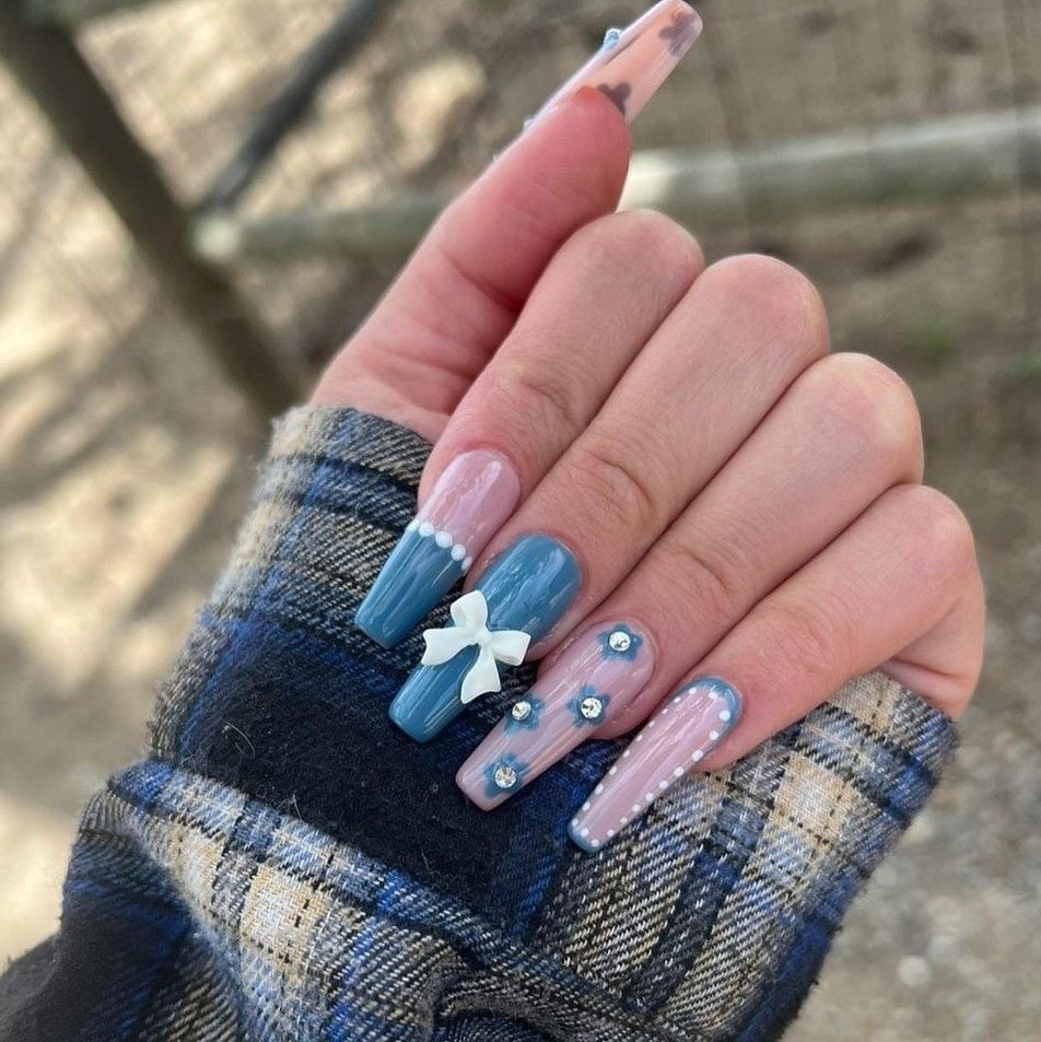 Pink Blue Polka Dot 3D Bow Coffin Nails — Trendy Coffin Nails