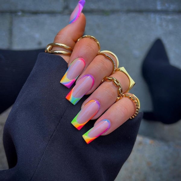 Neon Rainbow Gradient French Tip Long Coffin Nails — Trendy Coffin Nails