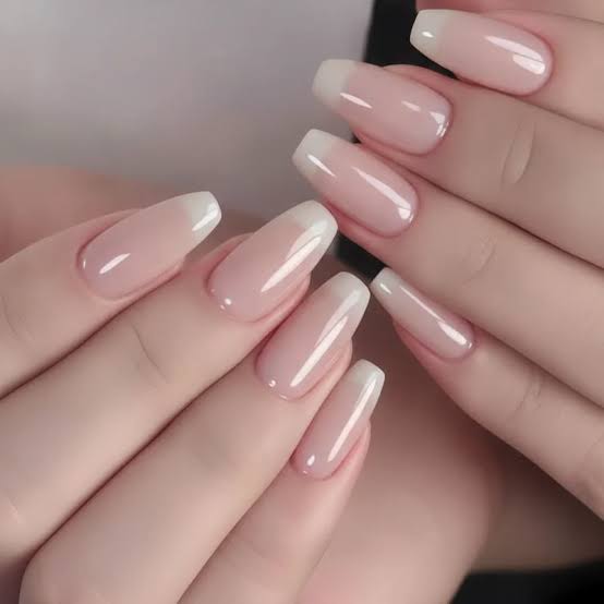 Sheer Nude Classic White French Medium Coffin, Office-Safe Version — Trendy Coffin Nails