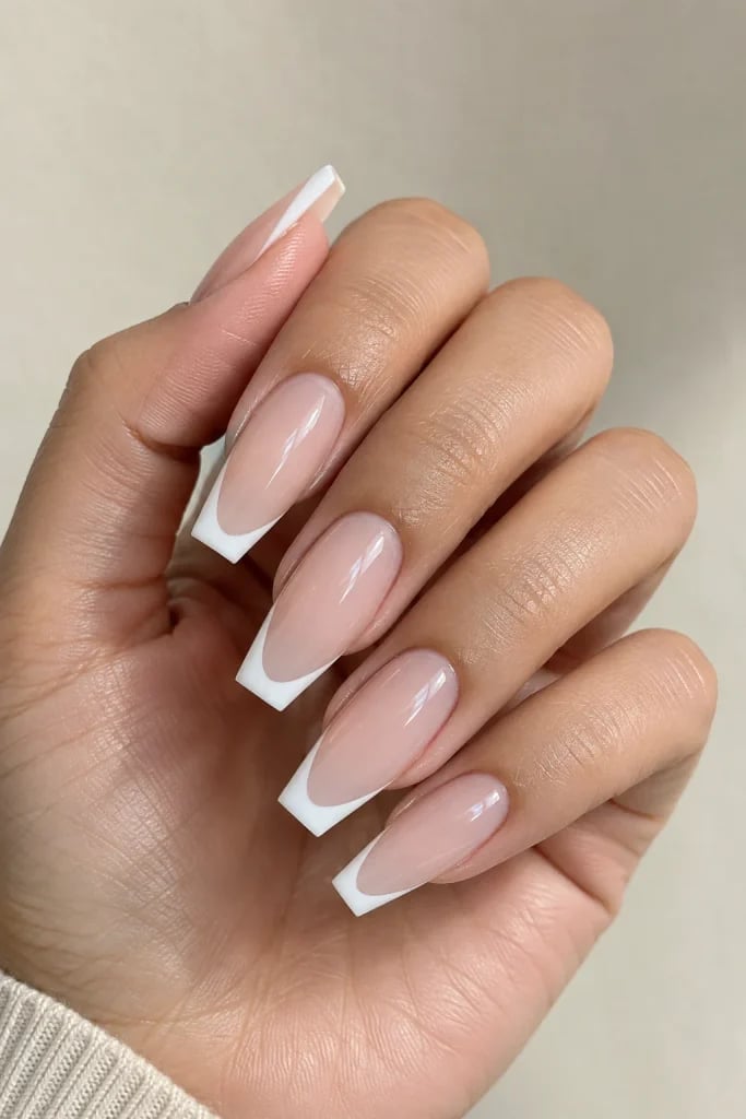 Sheer Nude Classic White French Long Coffin Nails, Close-Up Take — Trendy Coffin Nails