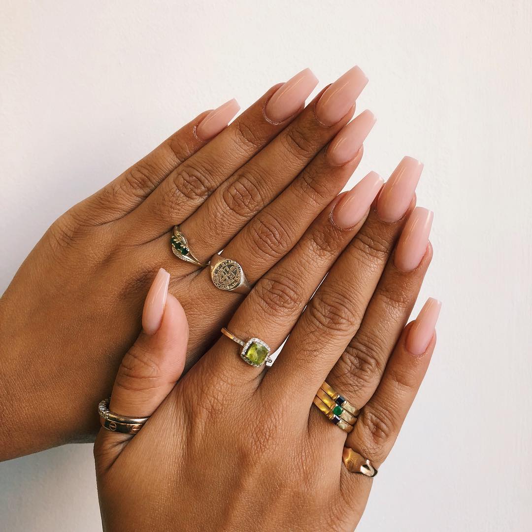 Sheer Pale Pink Glossy Long Coffin Nails, Close-Up Take — Trendy Coffin Nails