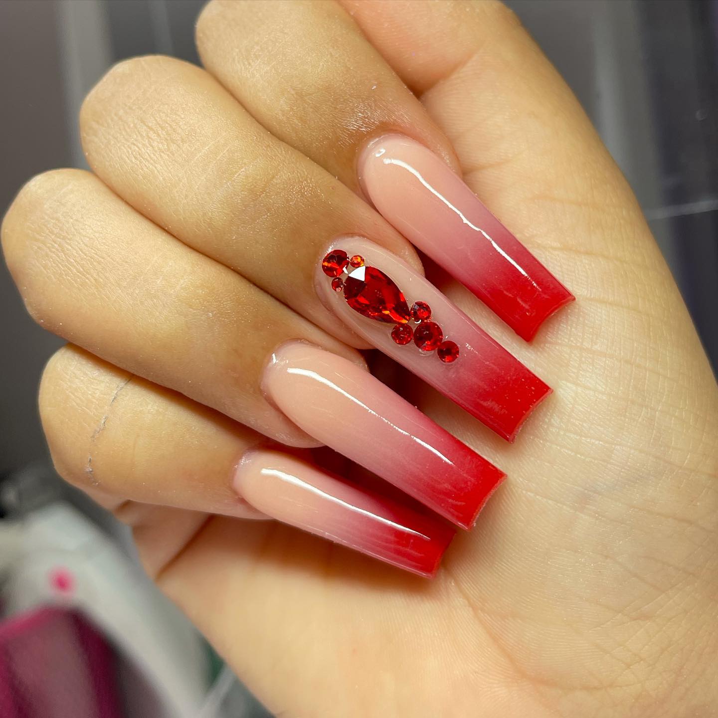Nude Red Ombre Rhinestone Extra Long Coffin Nails — Trendy Coffin Nails