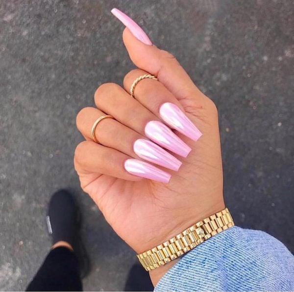 Pearlescent Milky Pink Chrome Long Coffin Nails — Trendy Coffin Nails