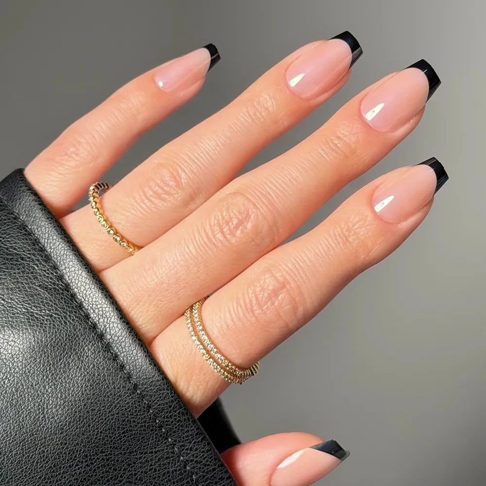 Sheer Nude Black French Tip Long Coffin Nails — Trendy Coffin Nails