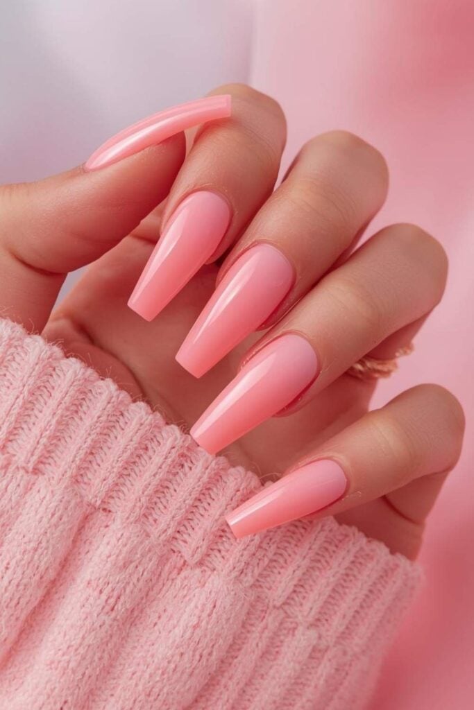 Vibrant Bright Pink Glossy Long Coffin Nails — Trendy Coffin Nails