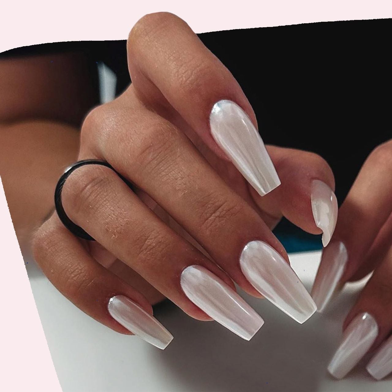White Chrome Pearlescent Long Coffin Nails — Trendy Coffin Nails