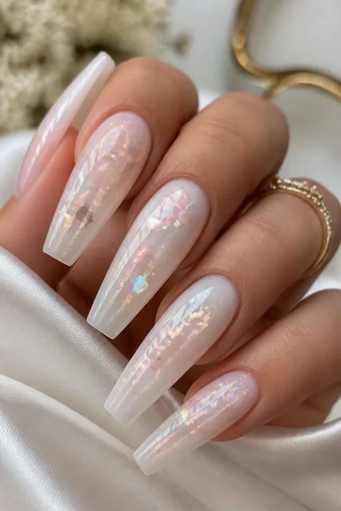 Milky White Iridescent Flakes Long Coffin Nails — Trendy Coffin Nails