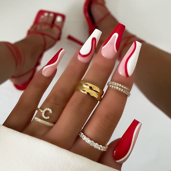 Red White Swirls Nude Base Long Coffin Nails — Trendy Coffin Nails