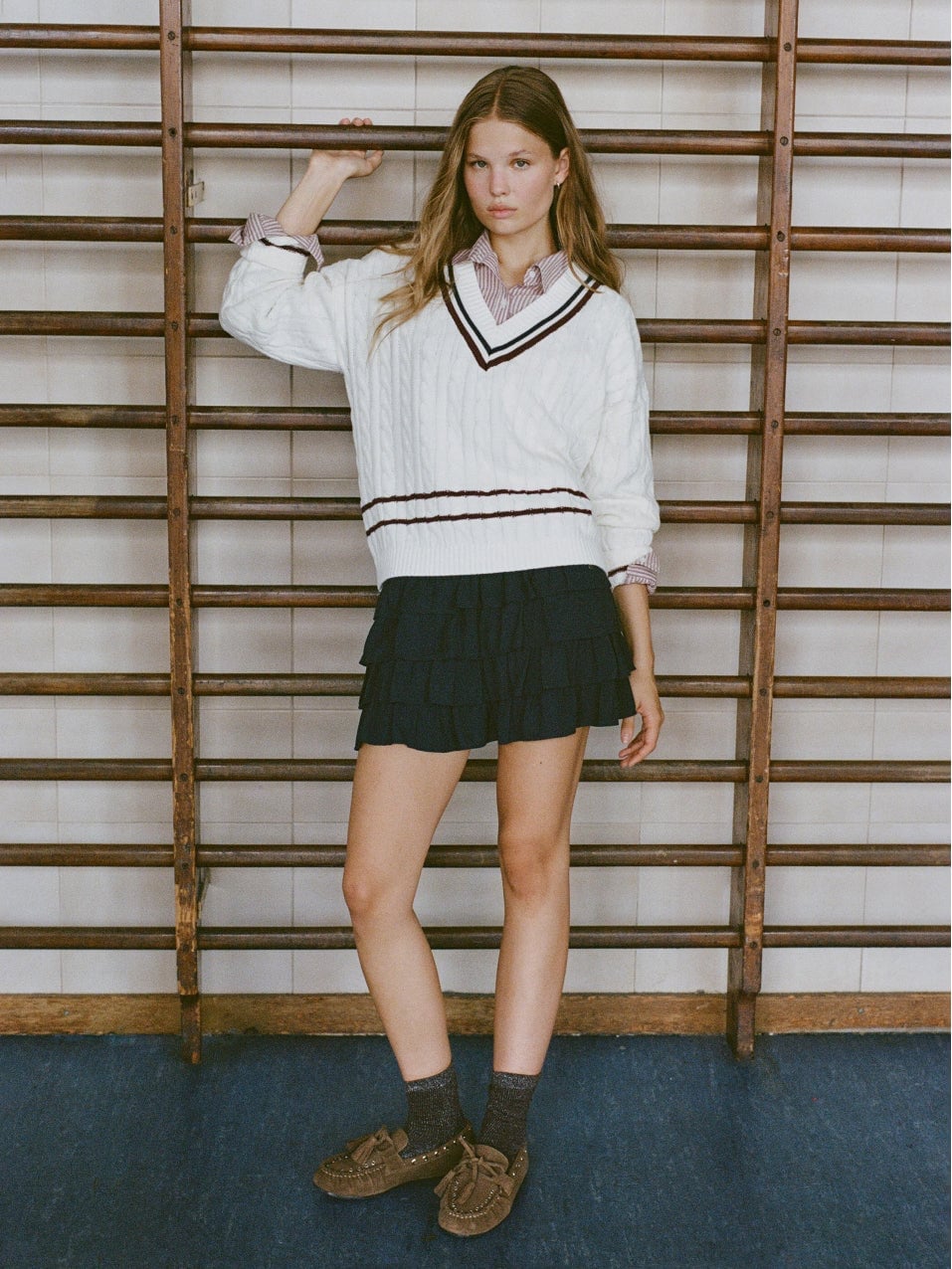 Sweater Vest Over Striped Shirt with Navy Skirt — Trendy College Outfits