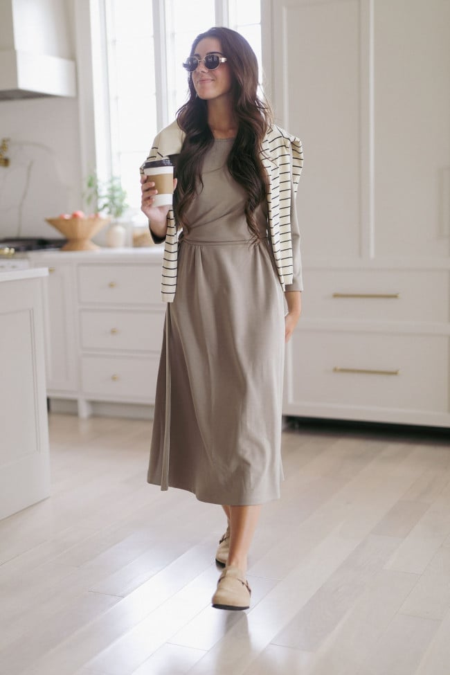 Midi Dress with Striped Cardigan and Slip-On Shoes — Trendy College Outfits