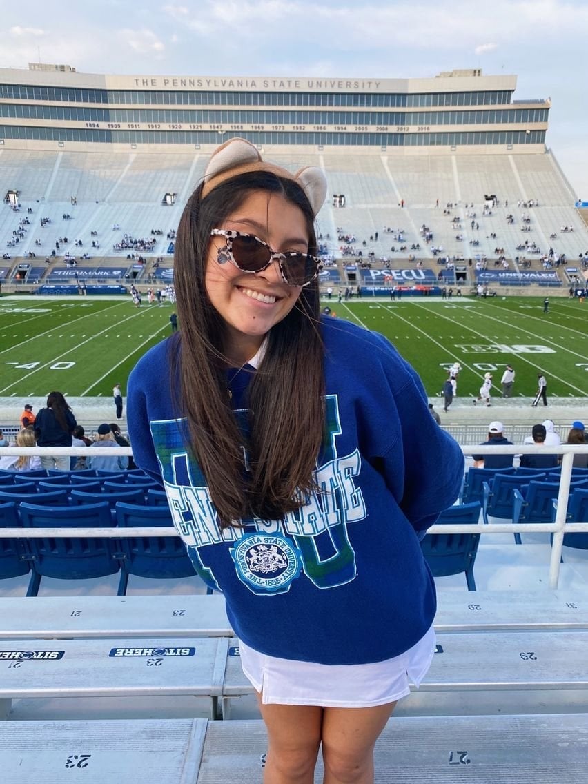 University Sweatshirt with White Mini Skirt — Trendy College Outfits