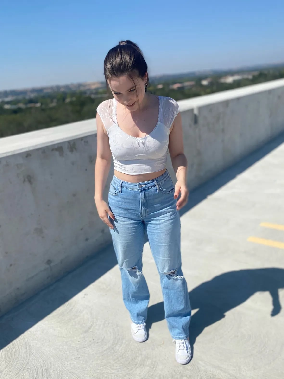 Ripped Jeans with Sheer Lace Top and White Sneakers — Trendy College Outfits