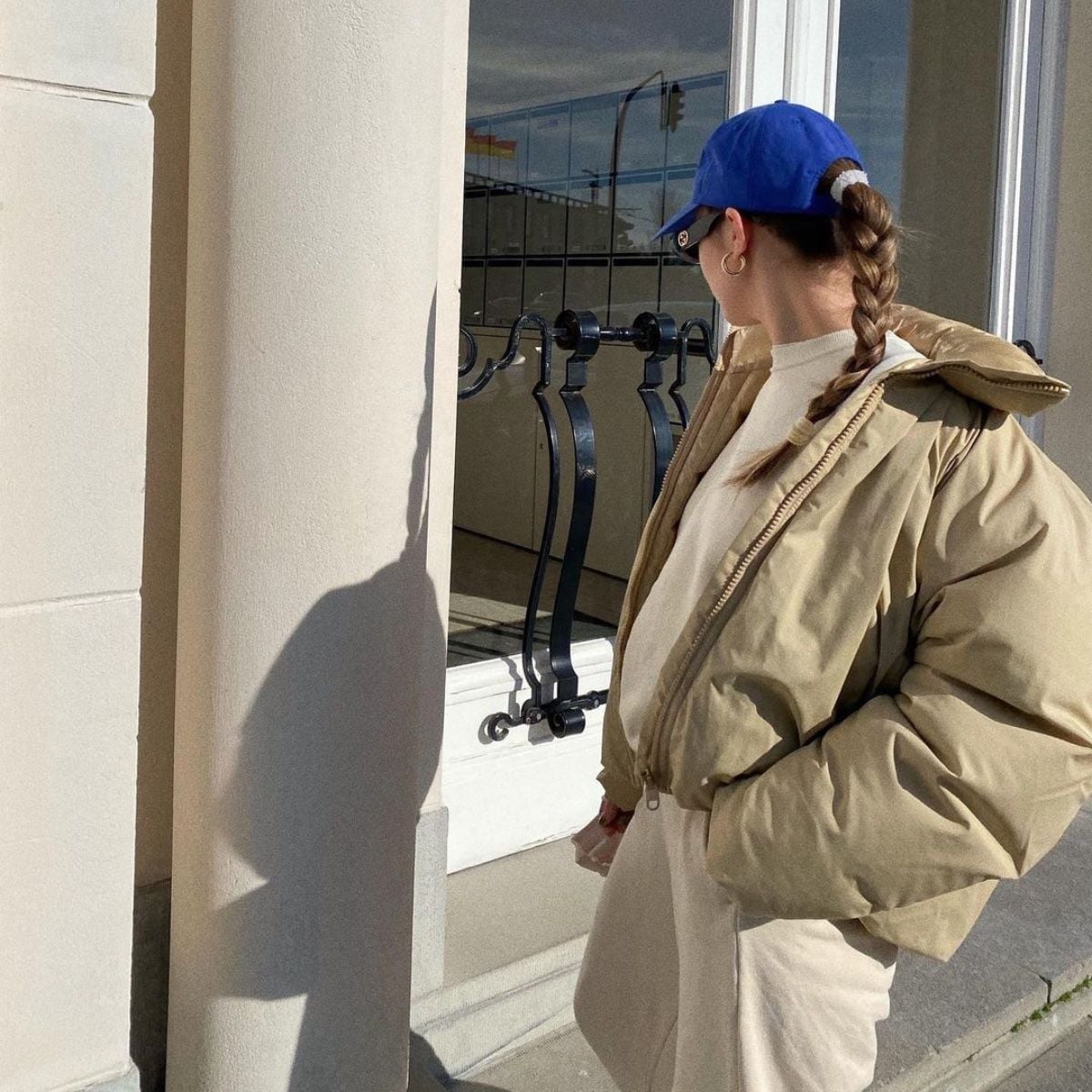Puffer Jacket Over Crewneck Sweater with Matching Trousers — Trendy College Outfits