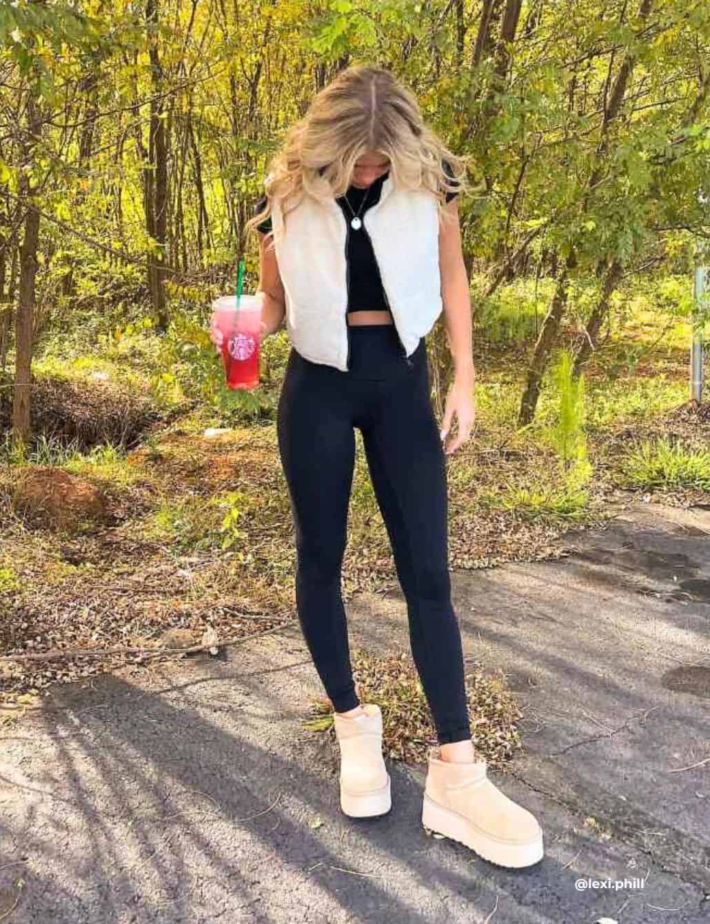 Athleisure Set with Cropped Puffer Vest and Platform Boots — Trendy College Outfits