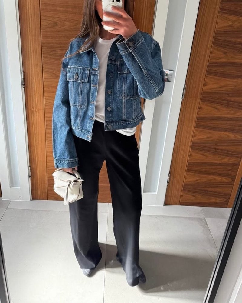 Denim Jacket Over T-Shirt with Wide Leg Trousers — Trendy College Outfits