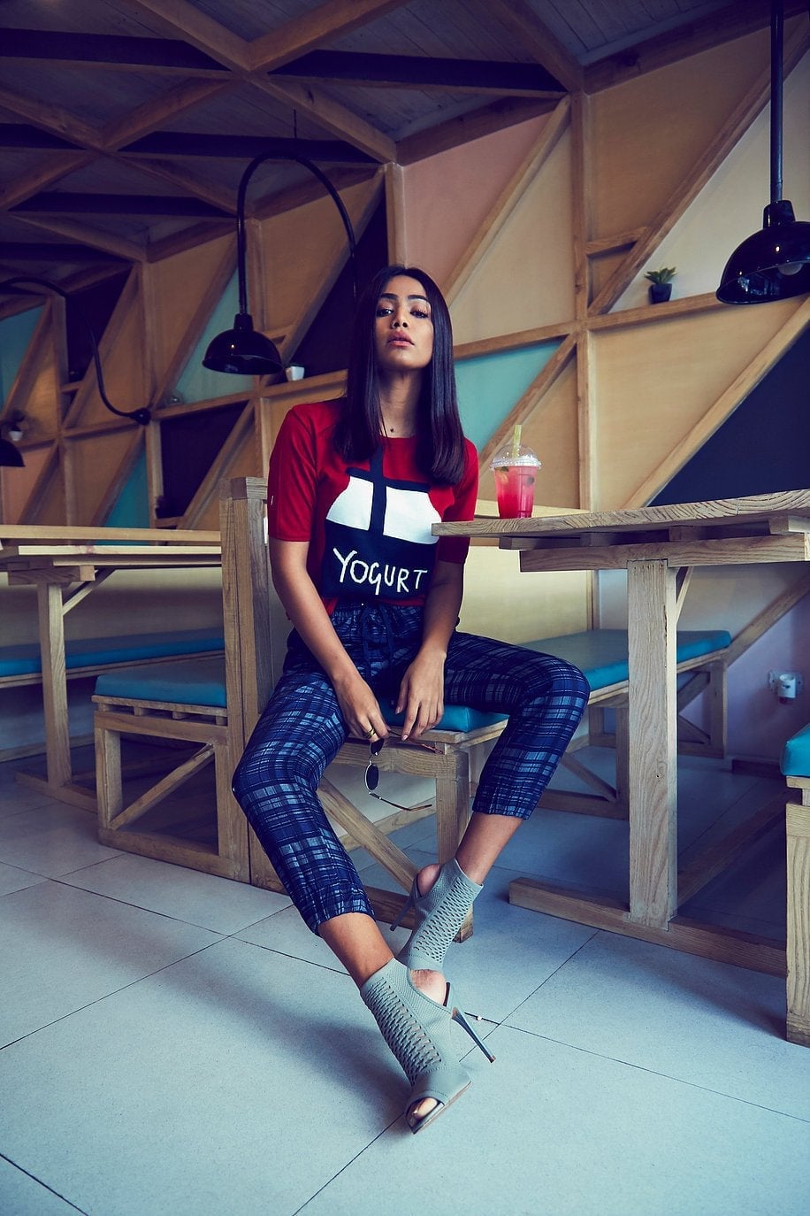 Graphic T-Shirt with Plaid Trousers and Open-Toe Heels — Trendy College Outfits