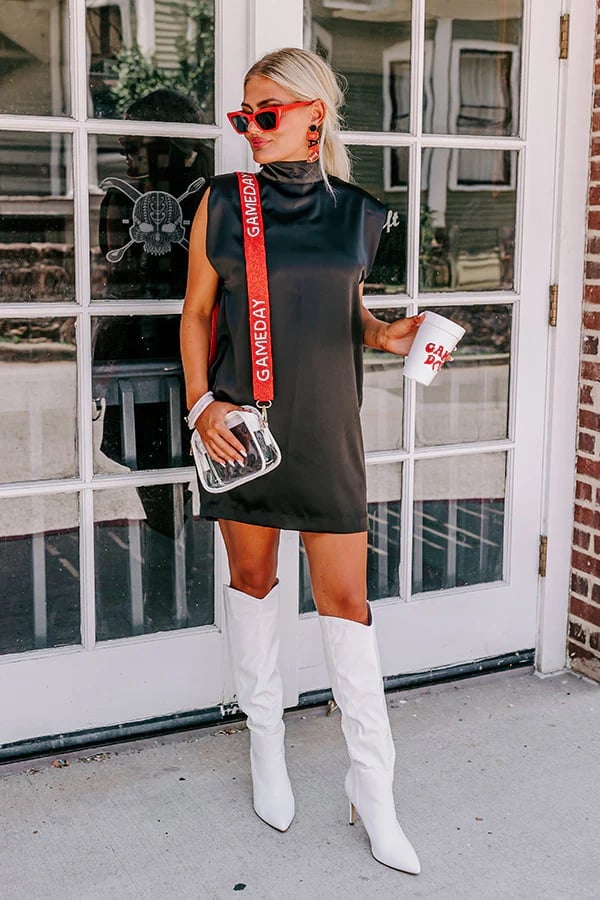 Satin Dress with Knee-High Boots and Game Day Strap — Trendy College Outfits