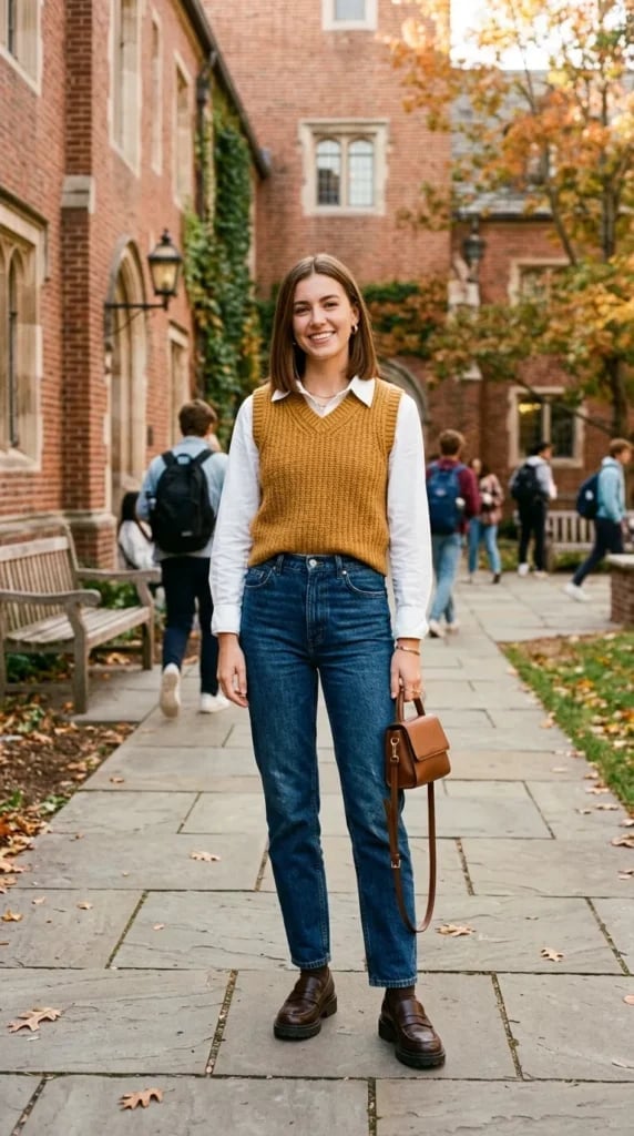 Sweater Vest Over Collared Shirt with Straight Leg Jeans — Trendy College Outfits