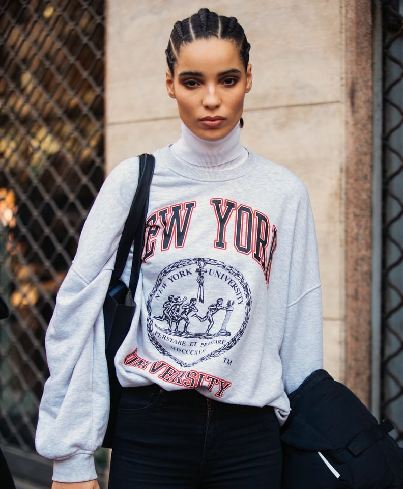 Oversized University Sweatshirt Over Turtleneck with Black Jeans — Trendy College Outfits