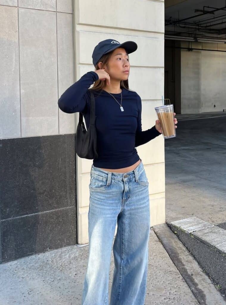Fitted Top and Wide Leg Jeans with Baseball Cap — Trendy College Outfits