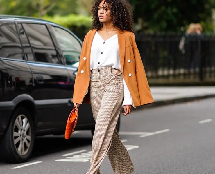 White Shirt and Checked Trousers with Draped Blazer — Trendy College Outfits