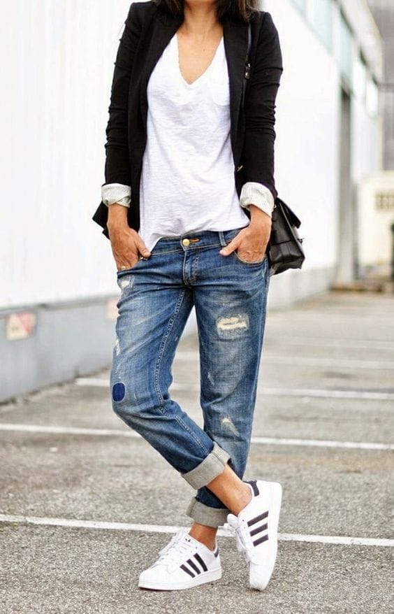Black Blazer Over White T-Shirt With Distressed Jeans Black Blazer Over White T-Shirt With Distressed Jeans — Trendy Comfy Outfits